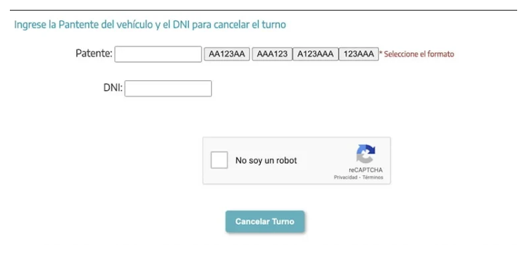 Pantalla para cancelar el turno de la VTV en Lobos con patente y DNI
